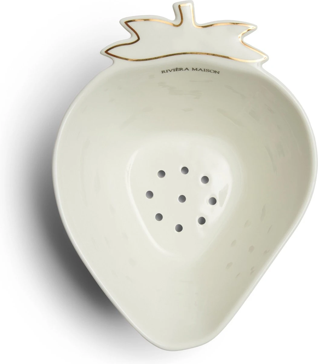Riviera Maison Fruitvergiet, Aardbeien Zeef - Tasty Strawberry Colander - Wit / Goud - Porselein - 1 Stuk 1 Riviera Maison Fruitvergiet, Aardbeien Zeef - Tasty Strawberry Colander - Wit / Goud - Porselein - 1 Stuk