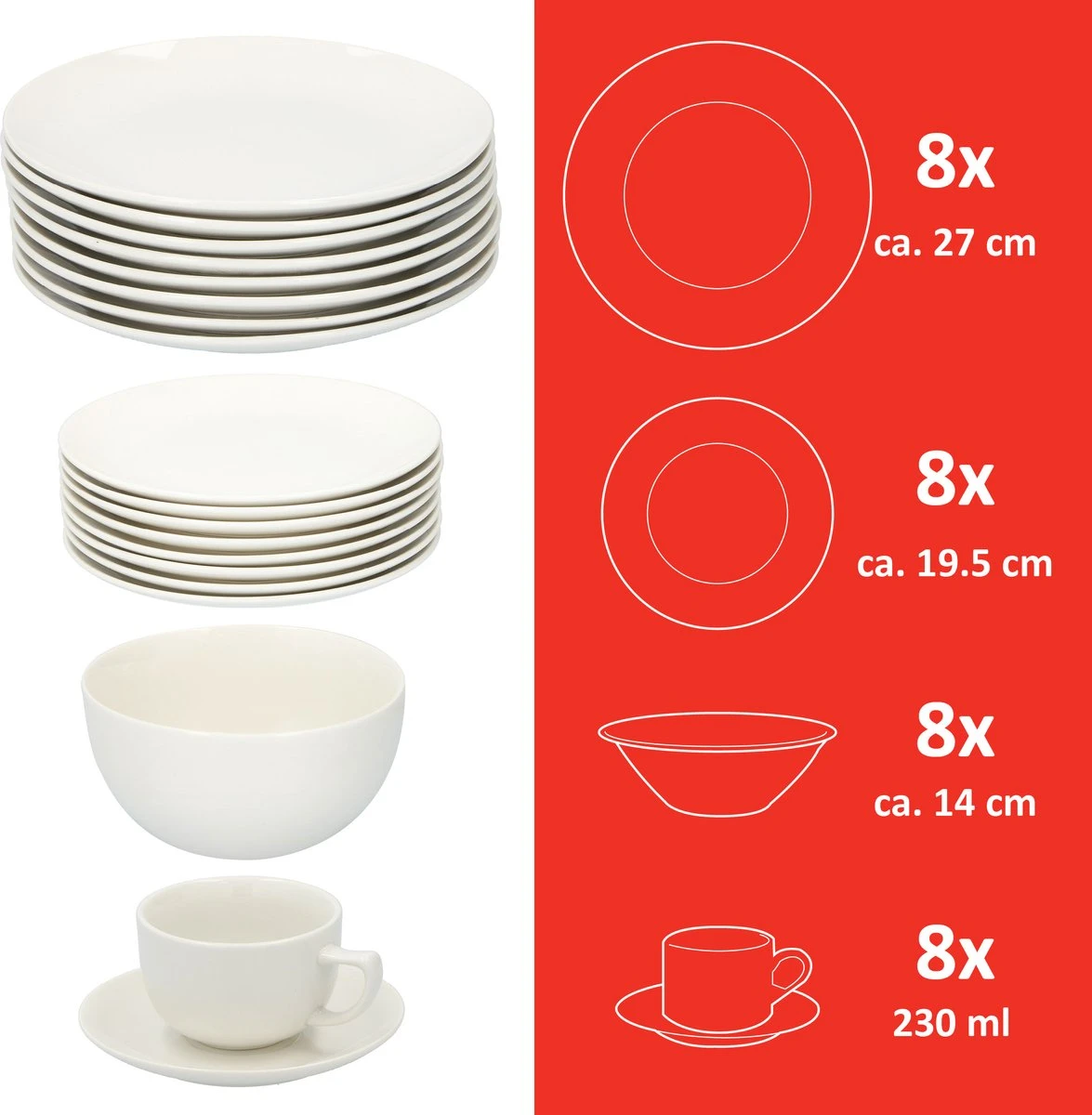 Alpina Tafelservies - Serviesset 40-delig - 8 Persoons - Vaatwasserbestendig - Geschikt Voor Magnetron - Wit 4 Alpina Tafelservies - Serviesset 40-delig - 8 Persoons - Vaatwasserbestendig - Geschikt Voor Magnetron - Wit - Afbeelding 4