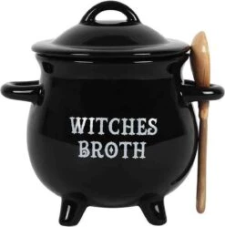 Something Different Soepkom Witches Broth Cauldron With Broom Spoon Zwart