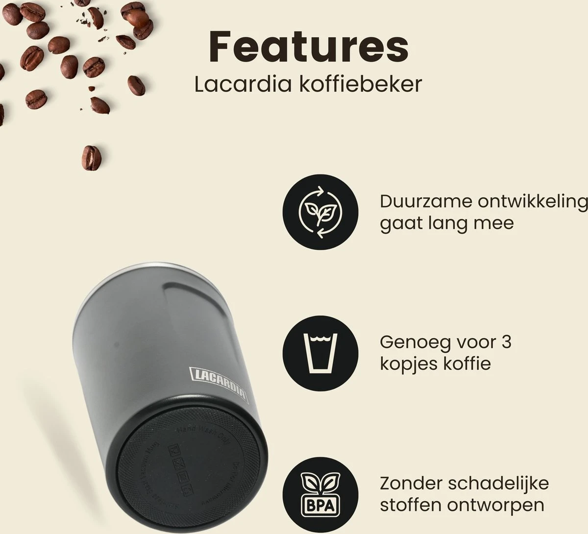 LaCardia Koffiebeker To Go Premium Zwart – Thermosbeker – Theebeker – 380ML – Herbruikbaar 3 LaCardia Koffiebeker To Go Premium Zwart – Thermosbeker – Theebeker – 380ML – Herbruikbaar - Afbeelding 3