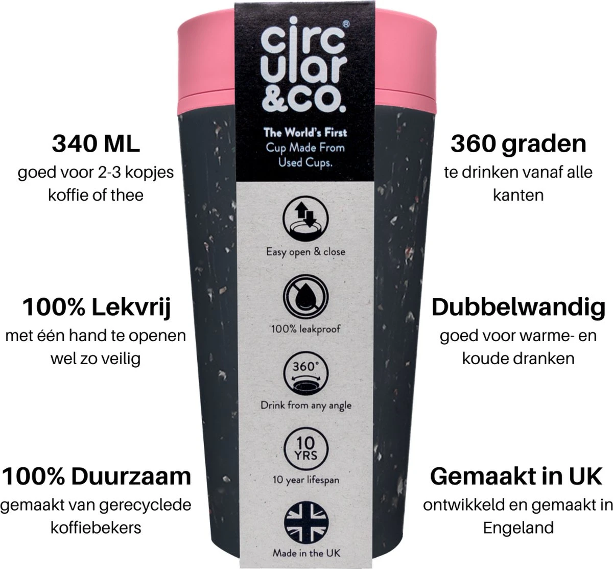 Circular&Co. Herbruikbare To Go Koffiebeker (rCUP) Zwart/roze 12oz/340ml 2 Circular&Co. Herbruikbare To Go Koffiebeker (rCUP) Zwart/roze 12oz/340ml - Afbeelding 2