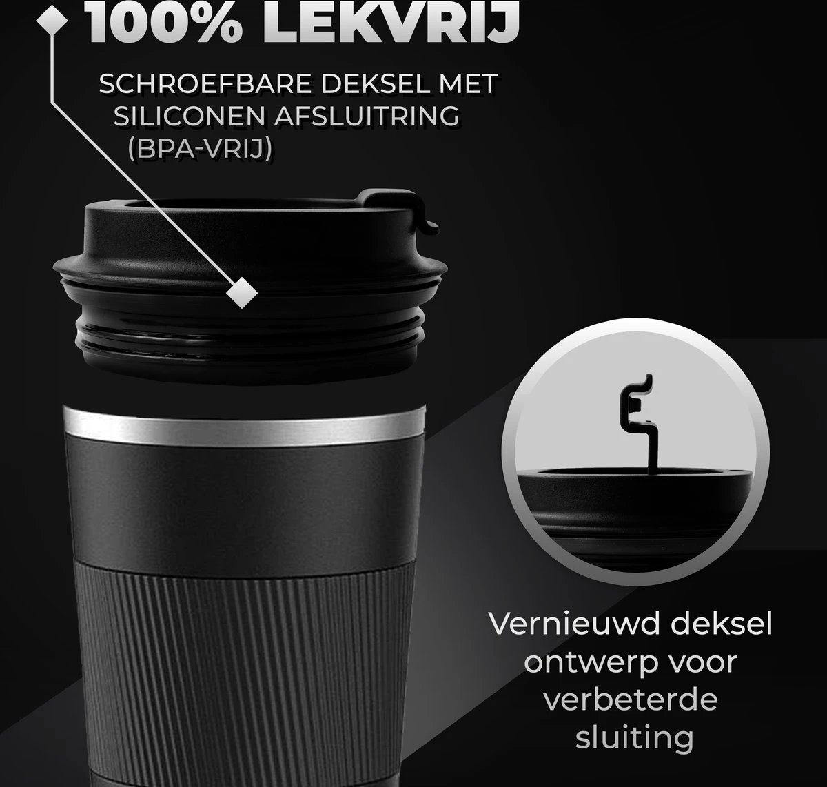 Volcan RVS Koffiebeker To Go Met Sleeve - Thermosbeker - Theebeker - Coffee - Zwart 4 Volcan RVS Koffiebeker To Go Met Sleeve - Thermosbeker - Theebeker - Coffee - Zwart - Afbeelding 4