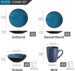 Serviesset – 16 Delig – 4 Persoons – Porselein - Luxe - Blauw -Serviesselectie Winkel 1200x1143