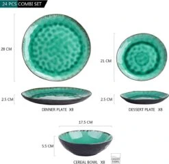 Merkloos Combiservies, 24-delig Coco Tafelservies Van Aardewerk, Raku Glazuur Effect Serviesset, Bevat Mueslikommen, Dessertborden En Dinerborden Voor 8 Personen In Vintage Look, Groen -Serviesselectie Winkel 1200x1165 2