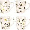 Clayre & Eef Mokken Set Van 4 300 Ml Beige Bruin Porselein Rond Vogels Koffiemok Cadeau Voor Haar Theemok