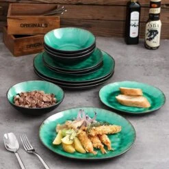 Merkloos Combiservies, 24-delig Coco Tafelservies Van Aardewerk, Raku Glazuur Effect Serviesset, Bevat Mueslikommen, Dessertborden En Dinerborden Voor 8 Personen In Vintage Look, Groen -Serviesselectie Winkel 1200x1200 109