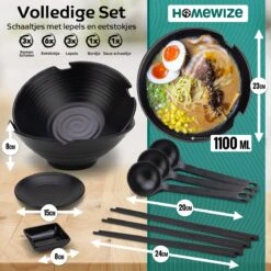 Homewize Ramen Bowl 3x - Set 14-delig - Noodle Kom Set Met Soeplepels & Eetstokjes - Sterk & Vaatwasserbestendig Japans Melamine Servies - Stijlvolle Noodle Bowl Set Voor 3 Personen - Duurzaam Cadeau -Serviesselectie Winkel 1200x1200 533