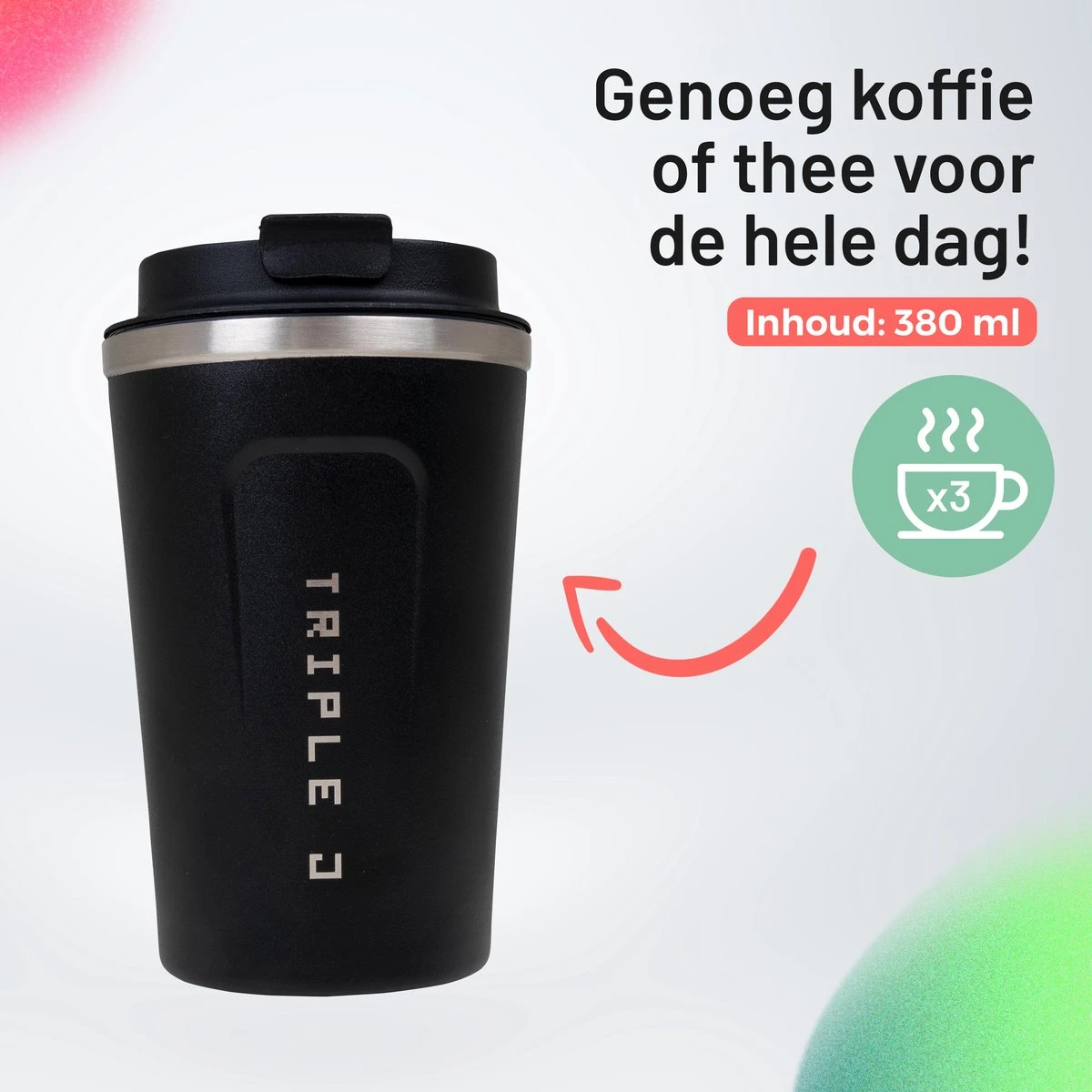 Triple J® Koffiebeker To Go - Thermosbeker - BPA & Lekvrij - 380ml - Zwart 2 Triple J® Koffiebeker To Go - Thermosbeker - BPA & Lekvrij - 380ml - Zwart - Afbeelding 2