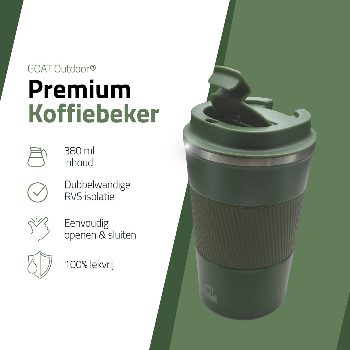 GOAT Outdoor RVS Koffiebeker To Go - Thermosbeker - Theebeker - Reisbeker - Lekvrij - 380ml - Groen 2 GOAT Outdoor RVS Koffiebeker To Go - Thermosbeker - Theebeker - Reisbeker - Lekvrij - 380ml - Groen - Afbeelding 2