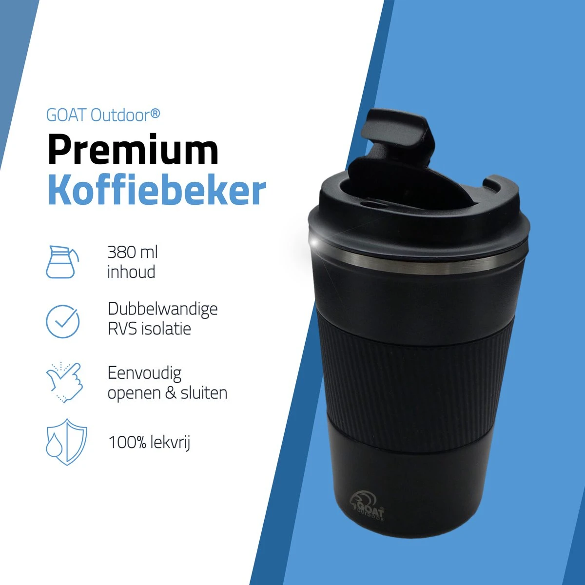 GOAT Outdoor RVS Koffiebeker To Go - Thermosbeker - Theebeker - Reisbeker - Lekvrij - 380ml - Zwart 2 GOAT Outdoor RVS Koffiebeker To Go - Thermosbeker - Theebeker - Reisbeker - Lekvrij - 380ml - Zwart - Afbeelding 2