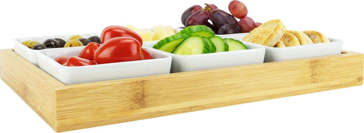 Krumble Borrelplank Met 6 Schaaltjes - Borrelplank - Tapasschaal - Serveerschaal Met Vakjes - Snackschaal - Snack- & Tappasschalen - Serveerplanken- Serveerschalen - Hout En Keramiek - 6 Delig Schaaltjes - Wit En Bruin 2 Krumble Borrelplank Met 6 Schaaltjes - Borrelplank - Tapasschaal - Serveerschaal Met Vakjes - Snackschaal - Snack- & Tappasschalen - Serveerplanken- Serveerschalen - Hout En Keramiek - 6 Delig Schaaltjes - Wit En Bruin - Afbeelding 2