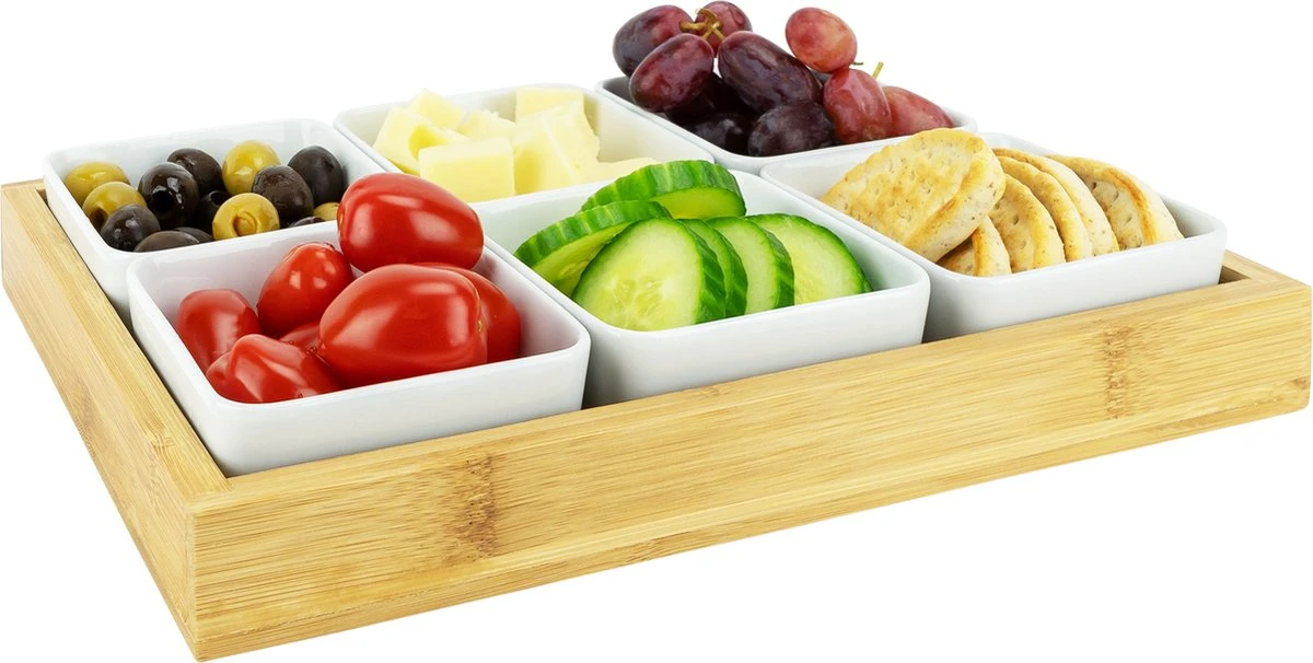 Krumble Borrelplank Met 6 Schaaltjes - Borrelplank - Tapasschaal - Serveerschaal Met Vakjes - Snackschaal - Snack- & Tappasschalen - Serveerplanken- Serveerschalen - Hout En Keramiek - 6 Delig Schaaltjes - Wit En Bruin 1 Krumble Borrelplank Met 6 Schaaltjes - Borrelplank - Tapasschaal - Serveerschaal Met Vakjes - Snackschaal - Snack- & Tappasschalen - Serveerplanken- Serveerschalen - Hout En Keramiek - 6 Delig Schaaltjes - Wit En Bruin