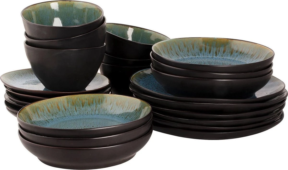 Palmer Serviesset Lotus Stoneware 6-persoons 24-delig Zwart Turquoise 1 Palmer Serviesset Lotus Stoneware 6-persoons 24-delig Zwart Turquoise