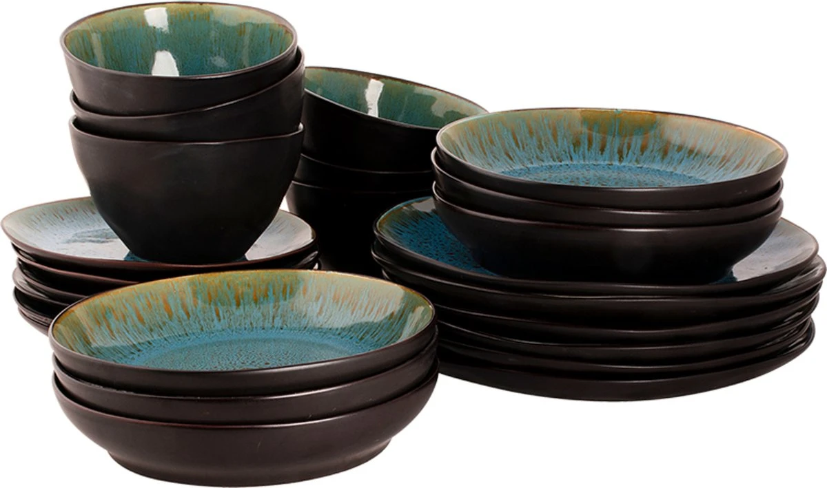 Palmer Serviesset Lotus Stoneware 6-persoons 24-delig Zwart Turquoise 2 Palmer Serviesset Lotus Stoneware 6-persoons 24-delig Zwart Turquoise - Afbeelding 2