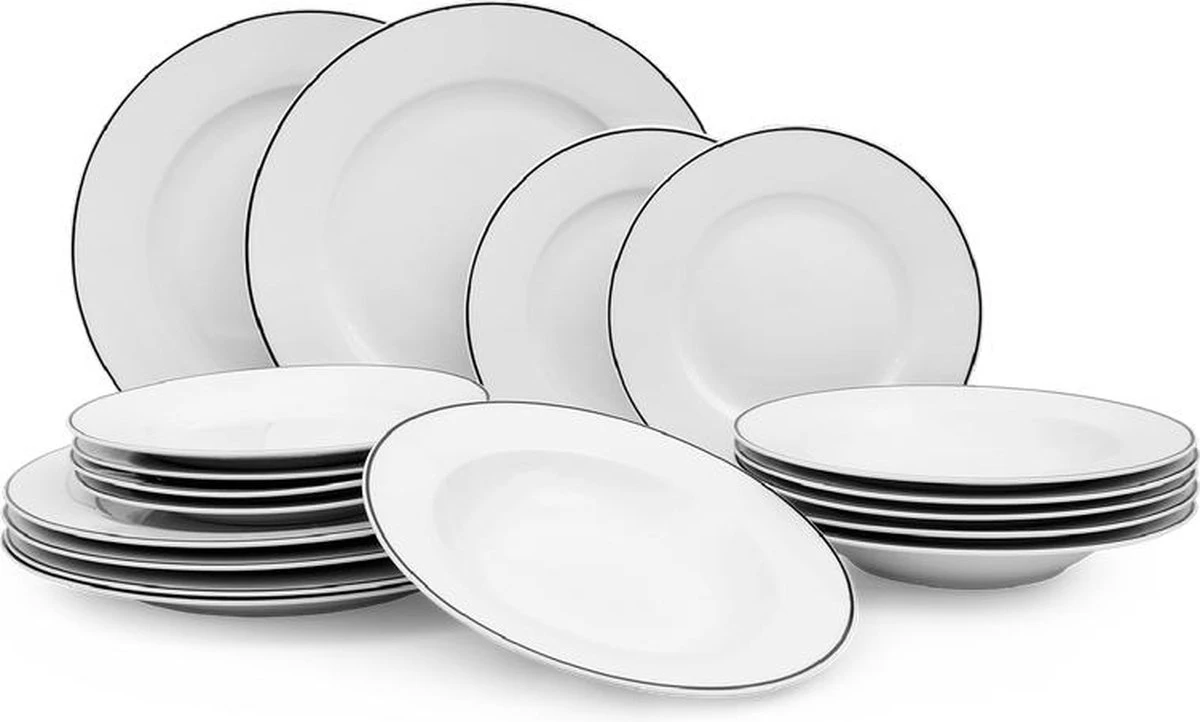 Serviesset Bordenset 6 Persoons 18 Delig - Wit Met Zwart Randje 1 Serviesset Bordenset 6 Persoons 18 Delig - Wit Met Zwart Randje