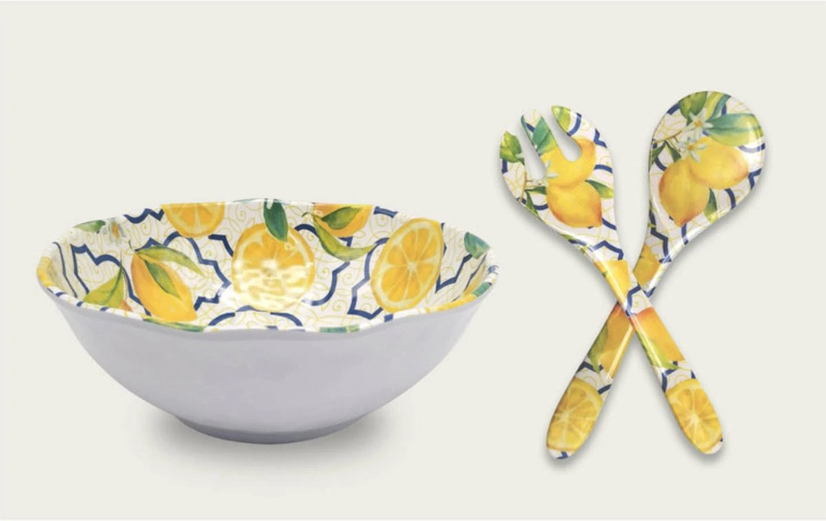 Arca Italy - Saladeschaal Met Bestek - 100% Melamine - Vaatwasbestendig - 30 Cm - Lemon Collectie 1 Arca Italy - Saladeschaal Met Bestek - 100% Melamine - Vaatwasbestendig - 30 Cm - Lemon Collectie