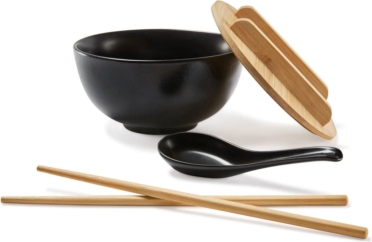 Ernesto Ramen Set Met Bamboe Deksel - Set: 5 Delig - Materiaal: Bamboe | Aardewerk - Kleur: Zwart - Voor Het Stijlvolle Ramen Genot - Aardewerk Lepel – In Traditionele Vorm - Met Bamboe Deksel Voor Het Warm Houden - Japanse Noodle Bowl Noodles 2 Ernesto Ramen Set Met Bamboe Deksel - Set: 5 Delig - Materiaal: Bamboe | Aardewerk - Kleur: Zwart - Voor Het Stijlvolle Ramen Genot - Aardewerk Lepel – In Traditionele Vorm - Met Bamboe Deksel Voor Het Warm Houden - Japanse Noodle Bowl Noodles - Afbeelding 2