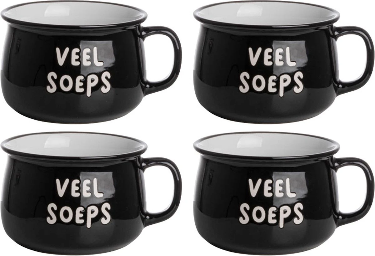 Gusta - Soepkom - Zwart Met Tekst - 500ml - Set 4 Stuks 1 Gusta - Soepkom - Zwart Met Tekst - 500ml - Set 4 Stuks