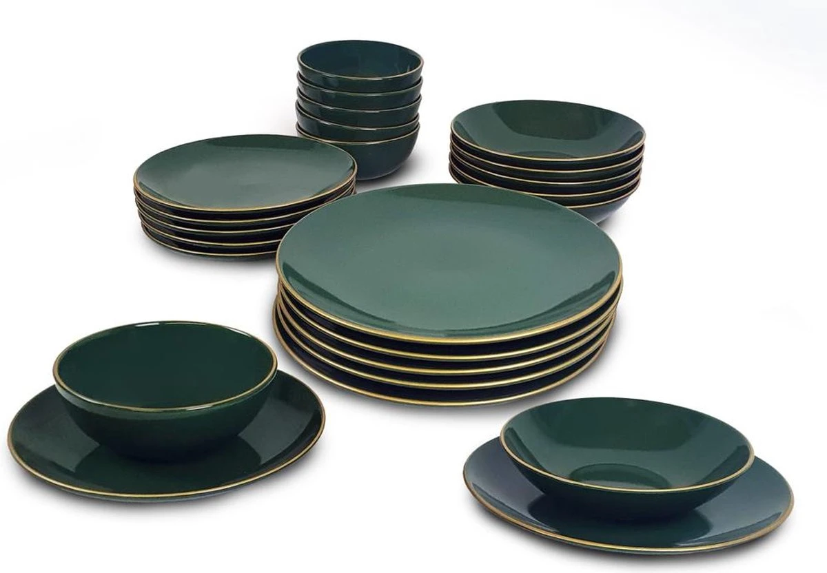 Keremika Serviesset 24 Delig 6 Persoons - Bordenset - Dinerborden - Aardewerk - Groen Met Goude Randen 1 Keremika Serviesset 24 Delig 6 Persoons - Bordenset - Dinerborden - Aardewerk - Groen Met Goude Randen
