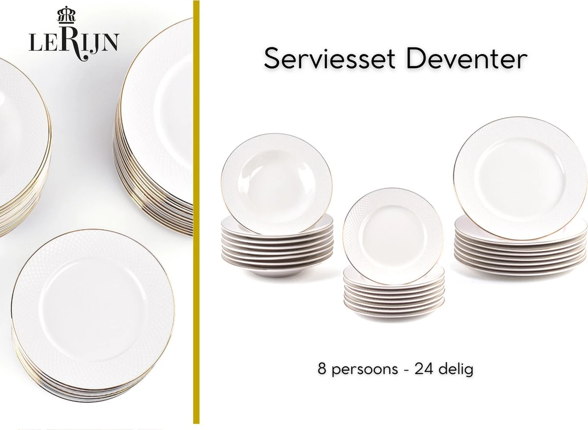 LeRijn® Serviesset Deventer 8 Persoons - 24 Delig - Licht Crème Wit Met Gouden Rand En Motief - Dinerborden - Soepborden - Dessertborden - Borden Servies - Bordenset 1 LeRijn® Serviesset Deventer 8 Persoons - 24 Delig - Licht Crème Wit Met Gouden Rand En Motief - Dinerborden - Soepborden - Dessertborden - Borden Servies - Bordenset