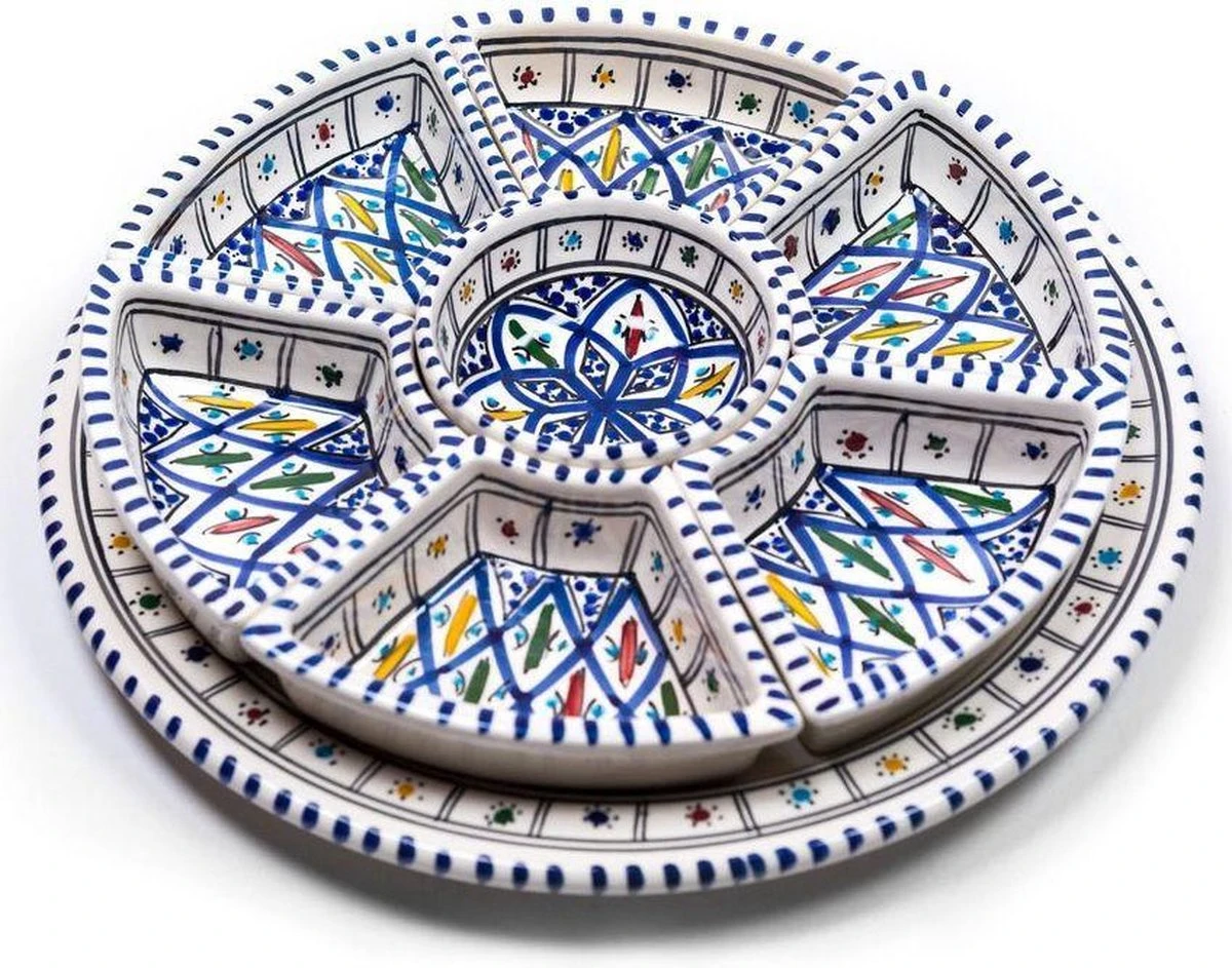 Marokkaanse 8-delige Handgemaakt Ronde Serveer- En Dipset 2 Marokkaanse 8-delige Handgemaakt Ronde Serveer- En Dipset - Afbeelding 2