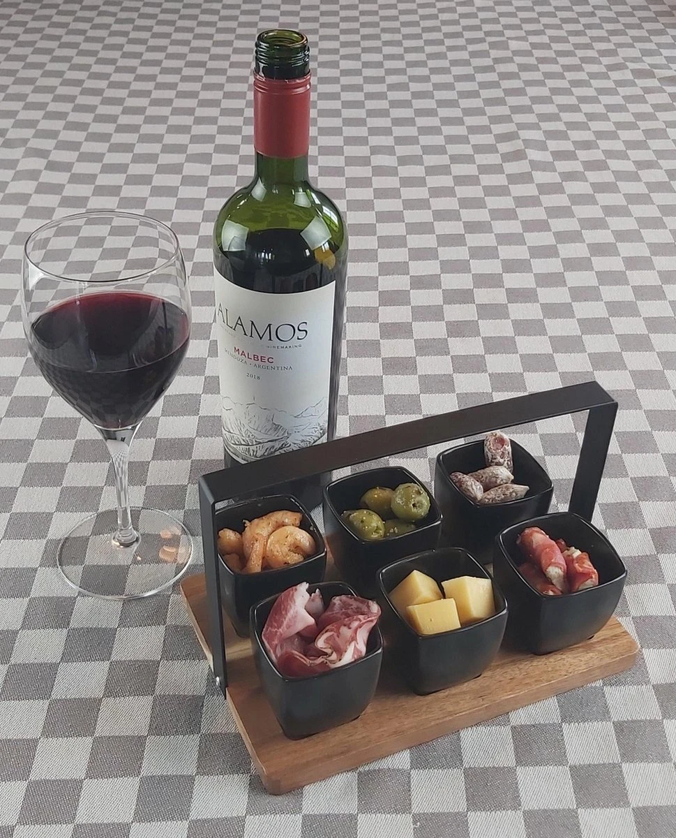 Mica Decorations - Luxe Tapas Set - 6 Zwarte Tapas Schaaltjes Op Houten Tapasplank - Servies - Borrelplank Olijfhout 2 Mica Decorations - Luxe Tapas Set - 6 Zwarte Tapas Schaaltjes Op Houten Tapasplank - Servies - Borrelplank Olijfhout - Afbeelding 2